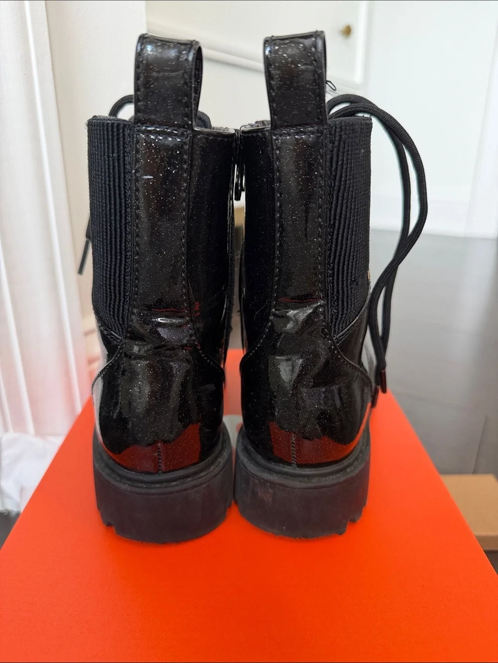 art class Black Patent Lace-Up Combat Boots with Glitter